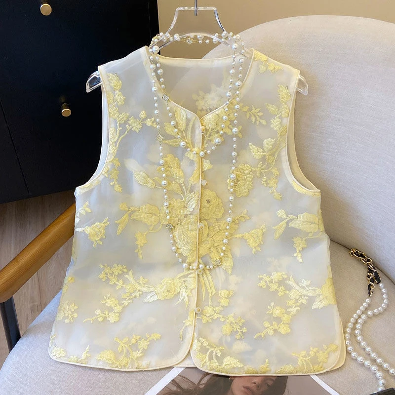 6554国风刺绣欧根纱马甲中式重工盘扣薄款坎肩背心叠穿马夹外套