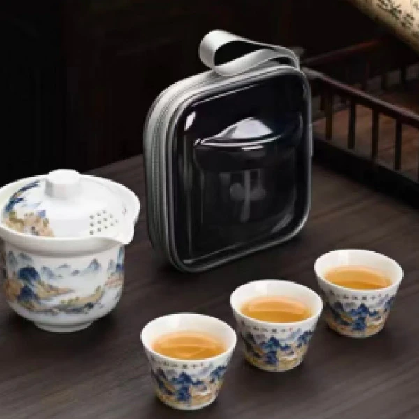 [墨池]羊脂玉瓷千里江山手抓旅行快客杯1壶3杯0126