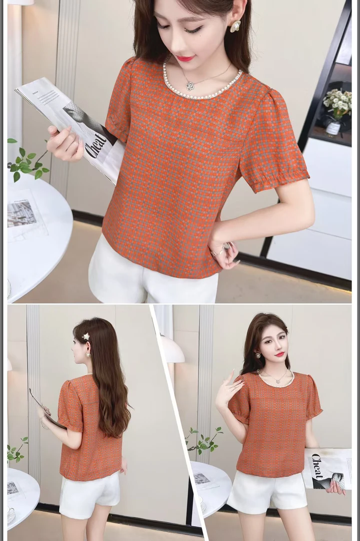 815【衣长55】时尚短袖衬衫女2025夏季新款洋气显瘦印花上衣【B1】