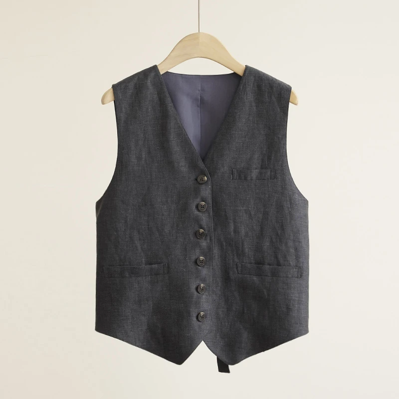 天青灰色织100%亚麻复古西装马甲背心女士马甲（250631）