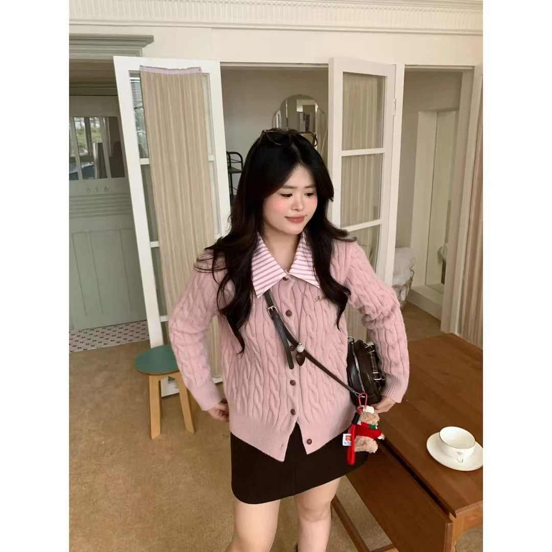 微胖大码女装冬季新款针织开衫毛衣女胖mm通勤百搭显瘦麻花外套