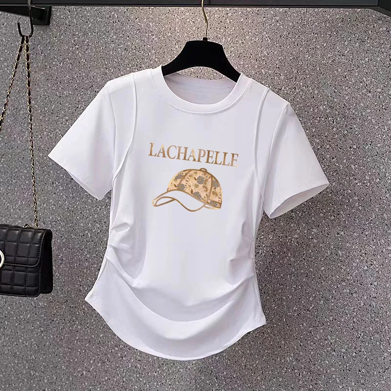 大码胖mm韩版简约修身显瘦短袖T恤女士夏季款设计感别致抽褶上衣