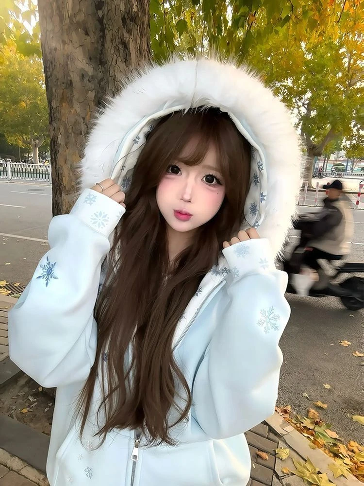 美式碎花连帽卫衣拼接毛领外套女冬款加绒开衫连帽卫衣新款拉链潮