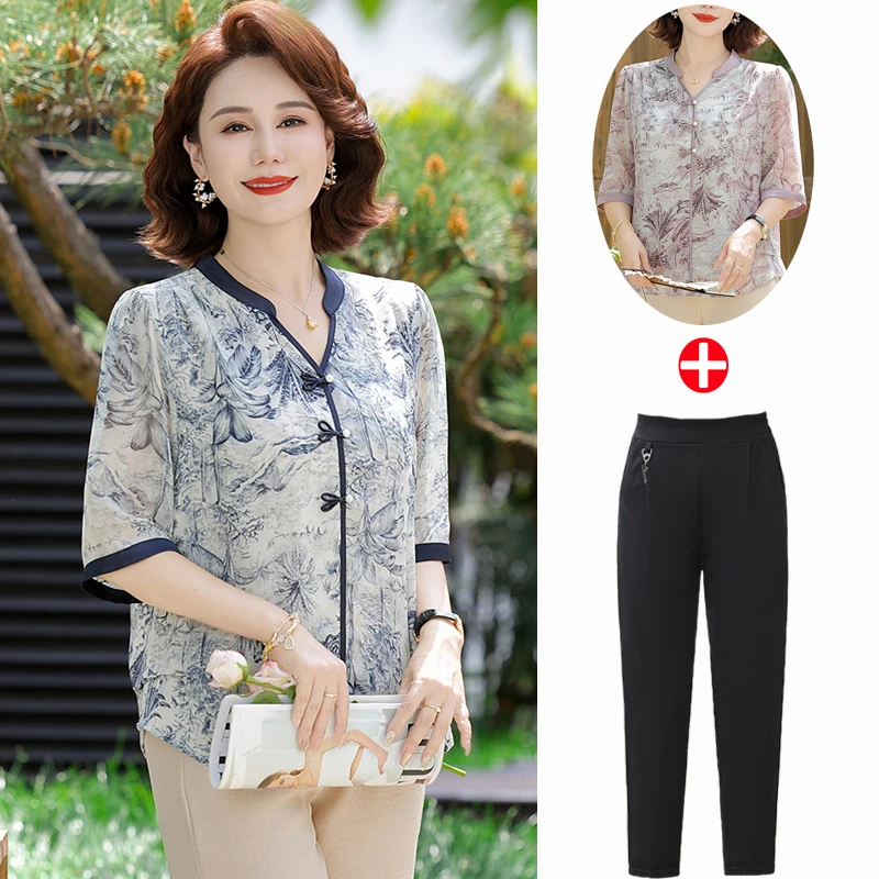 中年妈妈洋气衬衫女夏季新款民族风老年夏装中袖上衣遮肚显瘦小衫