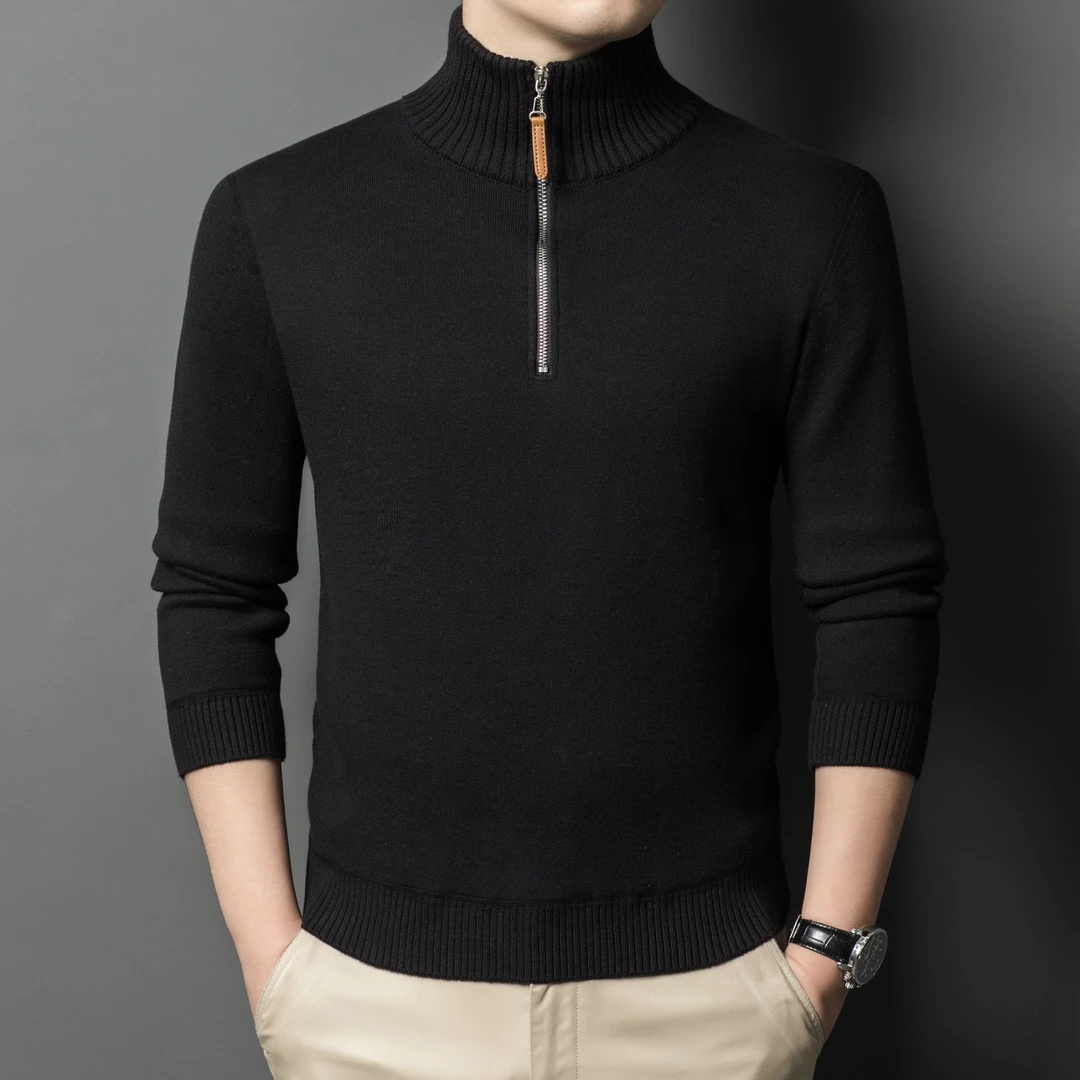 （1002）男士长袖时尚休闲加绒加厚保暖半高拉链冬季针织衫
