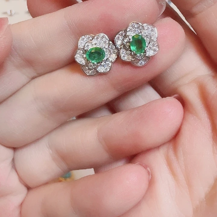 耳饰银S925镶嵌祖母绿