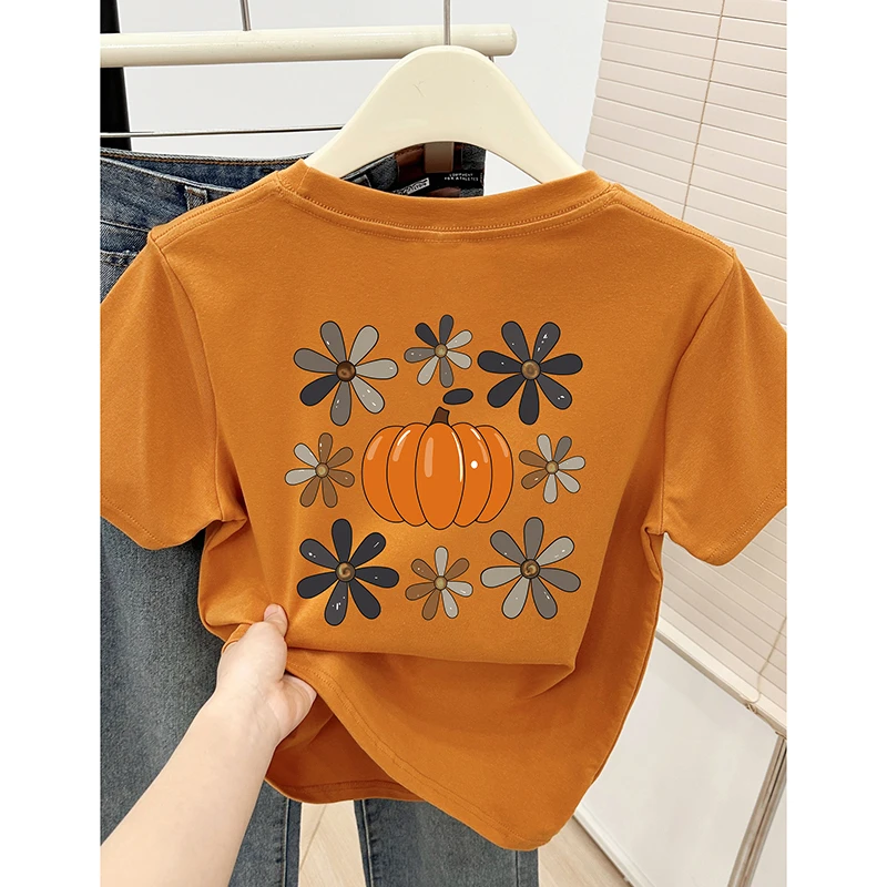 时尚南瓜前后印花圆领正肩短袖T恤女夏2025新款大码胖MM半袖上衣