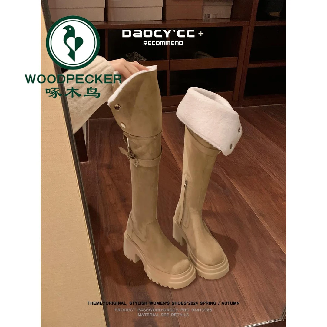 啄木鸟长靴女2025新款秋冬复古加绒小个子厚底美拉德过膝长筒靴子