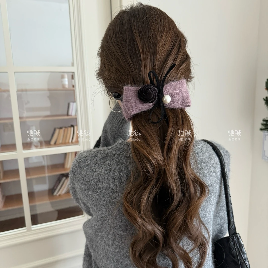 优雅玫瑰～韩系针织蝴蝶结香蕉夹秋冬高马尾竖夹后脑勺盘发大抓夹
