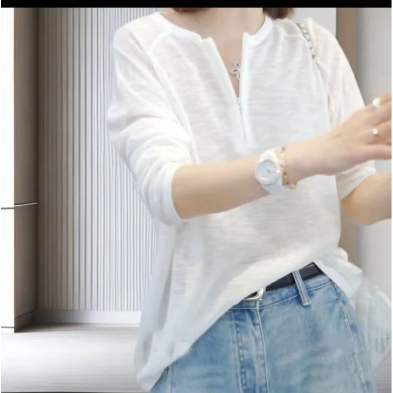 【季尾清仓】夏季圆领百搭防晒薄款宽松显瘦慵懒风时尚长袖上衣2533