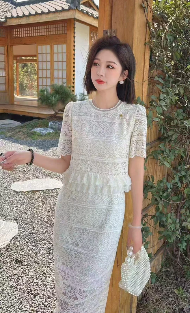 歌哥蕾丝2025新款夏季女装白色女士时尚连衣裙短袖长款女裙子镂空