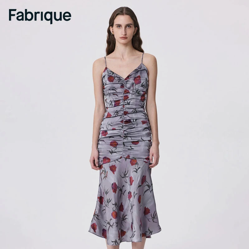 【Fabrique】玫瑰手绘印花抽褶鱼尾吊带连衣裙6A级桑蚕丝裙子