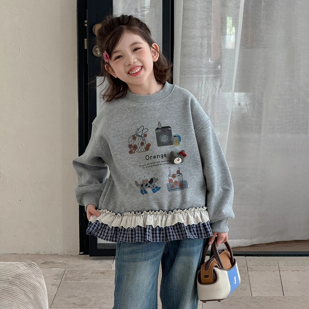 女童加绒卫衣秋冬款2026新款童装洋气长袖上衣女孩中大童打底衫潮