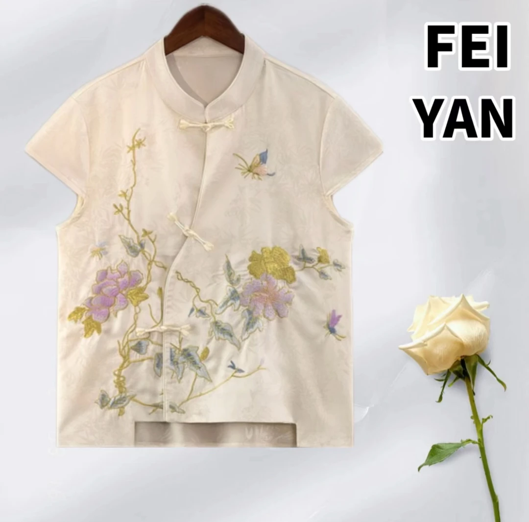 夏季新款唐装上衣小衫女装新中式国风立领绣花气质短袖开衫002