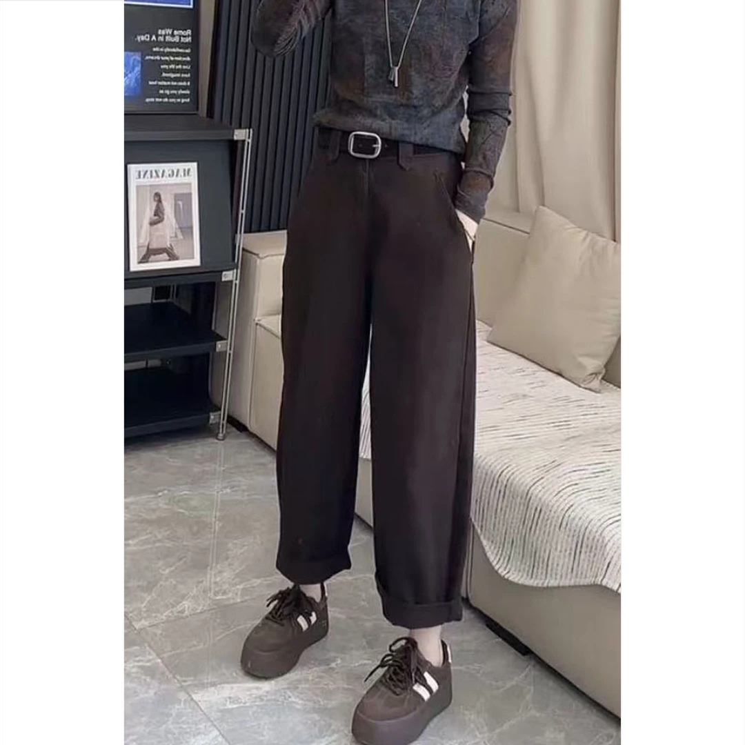 艾塔莉秋季美拉德风牛仔裤咖色阔腿裤高腰显瘦哈伦裤卷边法棍裤女