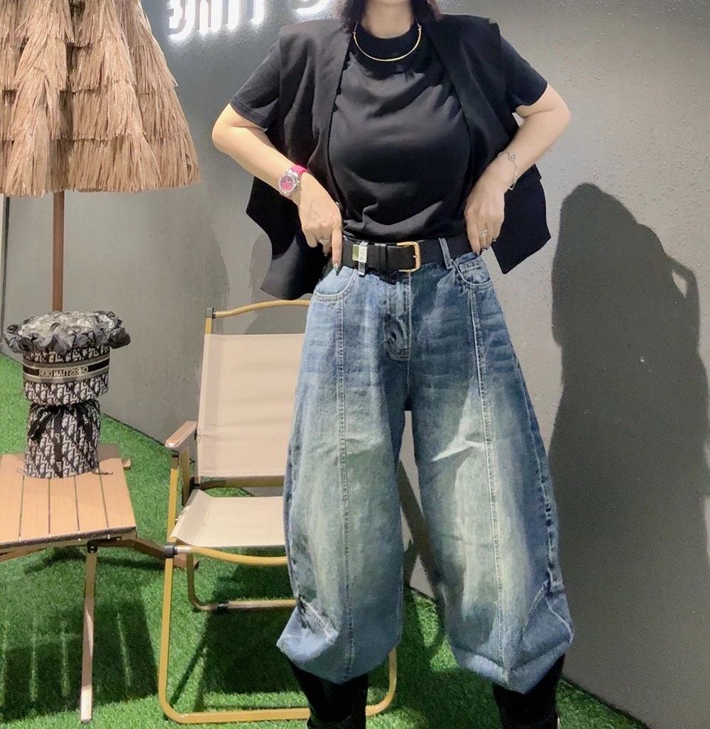 2025早秋新款57213印染高腰欧若拉水洗弯刀牛仔长裤