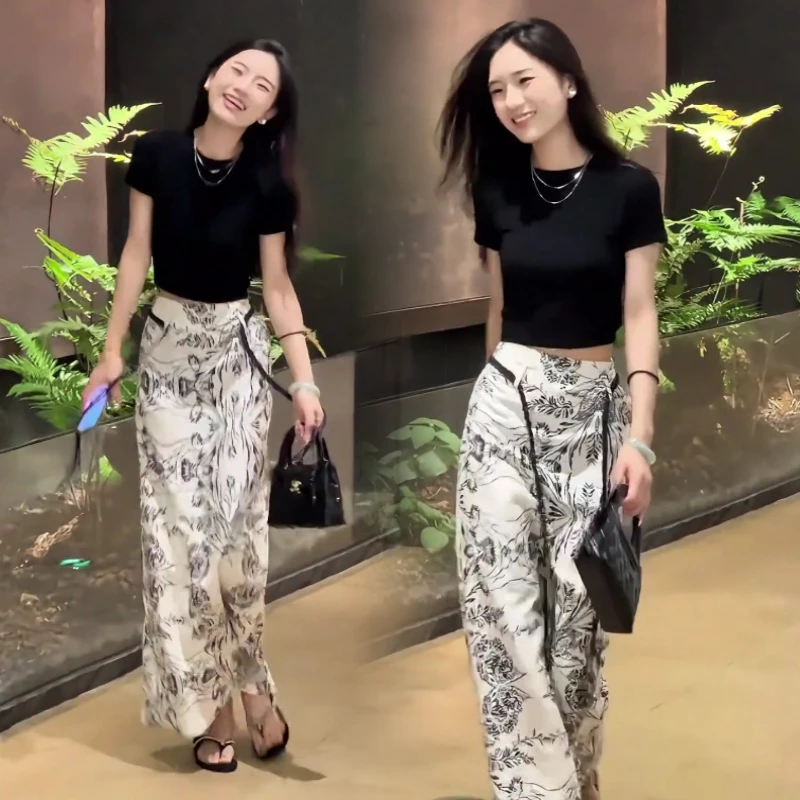 夏季新中式知性提花工艺高腰小A版后开叉半身裙加露背短款上衣女