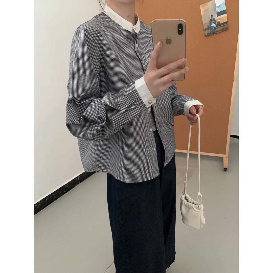 新款气质休闲百搭撞色立领文艺格子衬衫C7870