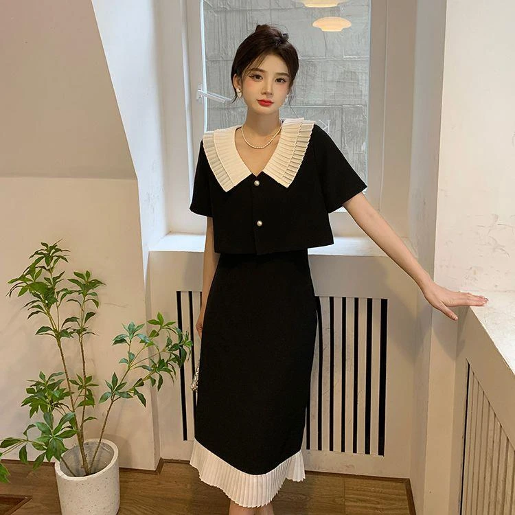 新款法式温柔风气质洋气黑色小众裙小香风套装裙两件套女1339