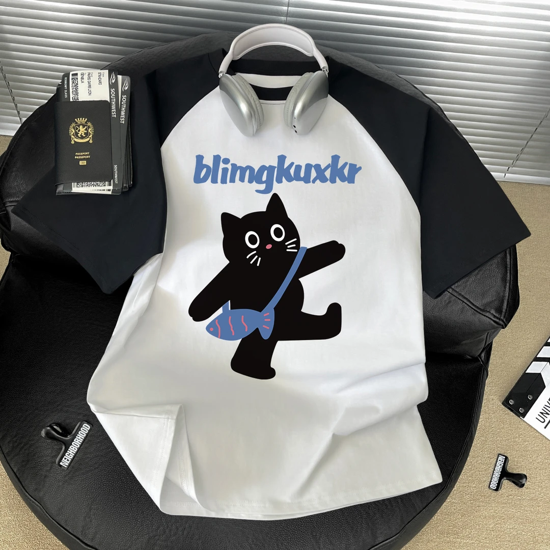 100%纯棉夏季女童插肩t恤短袖新款卡通小猫咪印花中大童可爱上衣