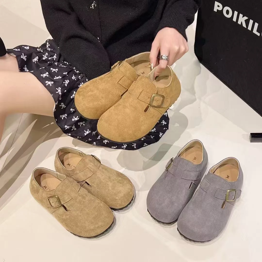 厚底内增高勃肯鞋女2025春季新款一脚蹬乐福鞋鹿皮绒复古豆豆单鞋