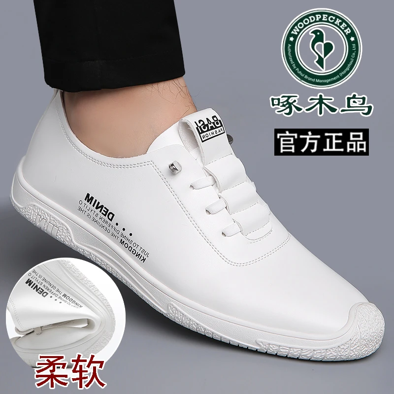 啄木鸟男鞋夏季男士百搭休闲皮鞋男士透气真软皮底防滑小白鞋男款