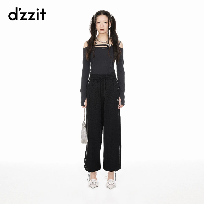 dzzit地素暗纹提花休闲裤秋季运动松紧腰黑色束脚长裤女3I2Q404