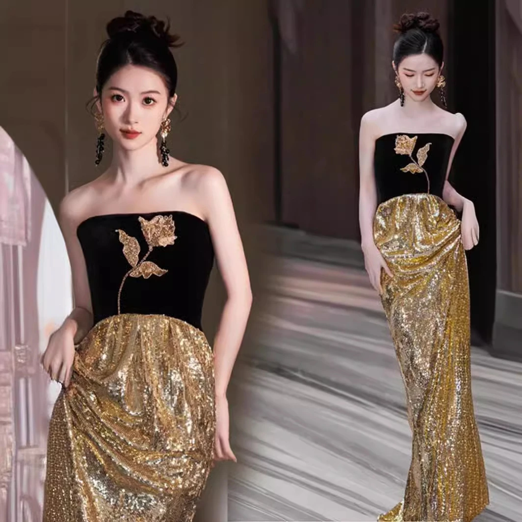 新中式黑金色亮片晚礼服新娘连衣裙敬酒服宴会演出主持人婚纱礼服