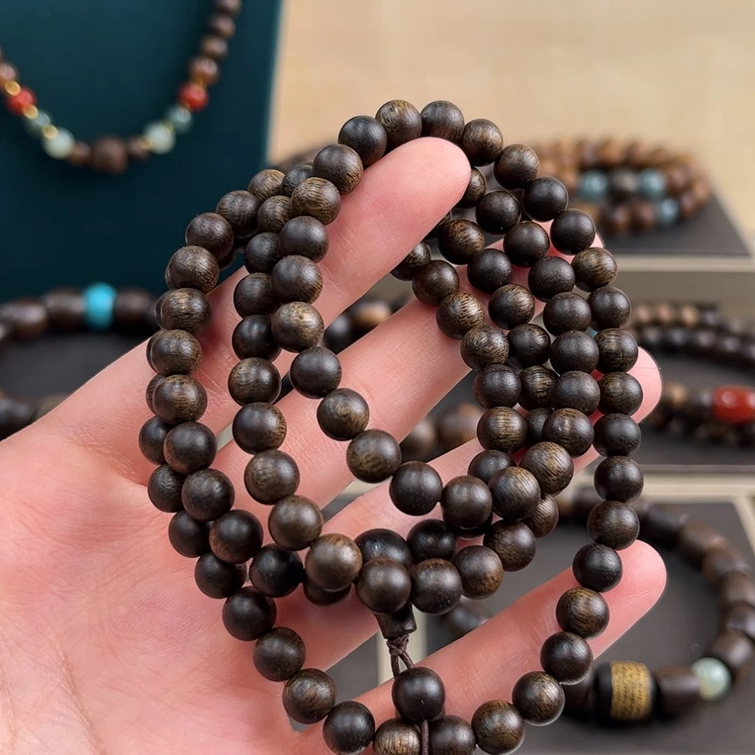 沉香碎屑沉香6mm108颗海南莺歌绿奇楠沉水级