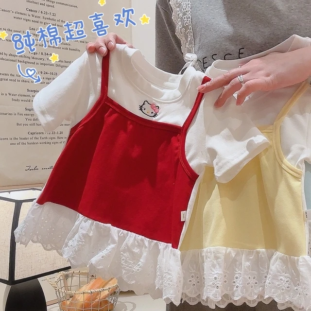 女童棉短袖T恤假两件刺绣2025夏新款儿童卡通短款上衣蕾丝花边