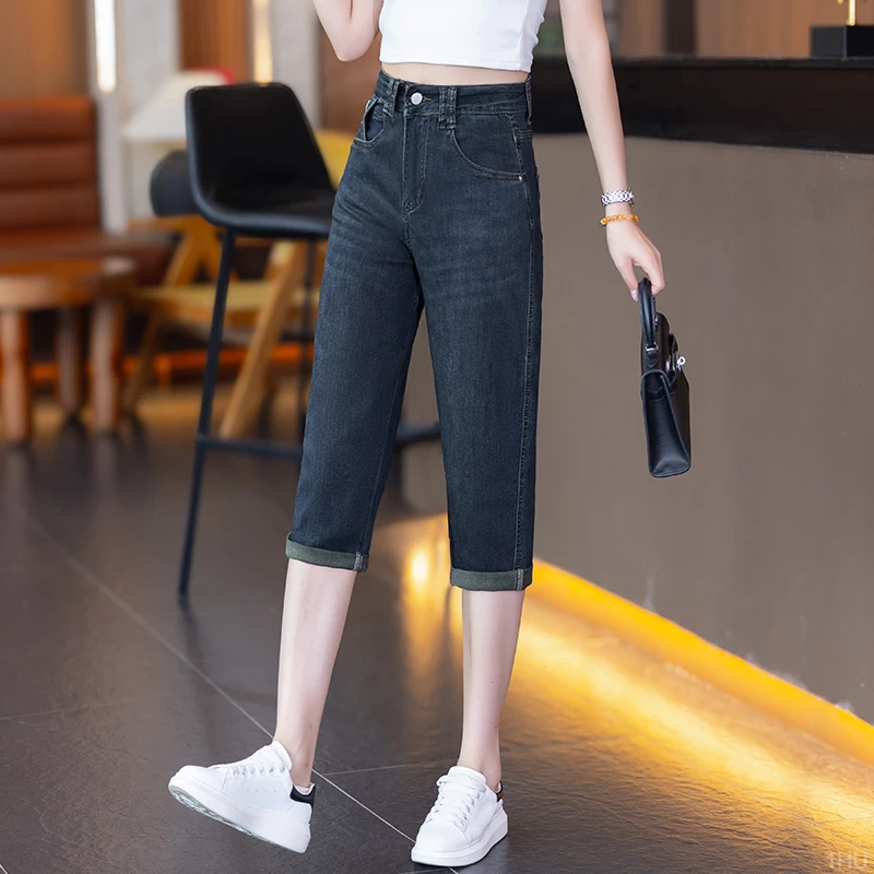 高腰七分牛仔裤女2025夏季新款梨形身材宽松显瘦百搭哈伦八分裤