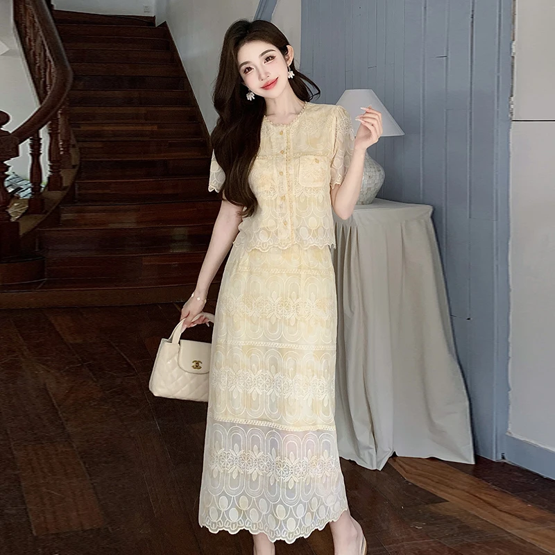 现货刺绣蕾丝时尚小香风高级感名媛风短袖半身裙两件套显瘦气质