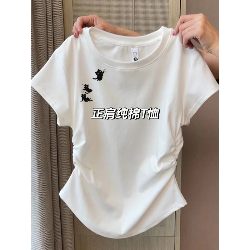 夏季新款时尚百搭圆领短袖T恤女高级感修身正肩掐腰显瘦猫咪上衣