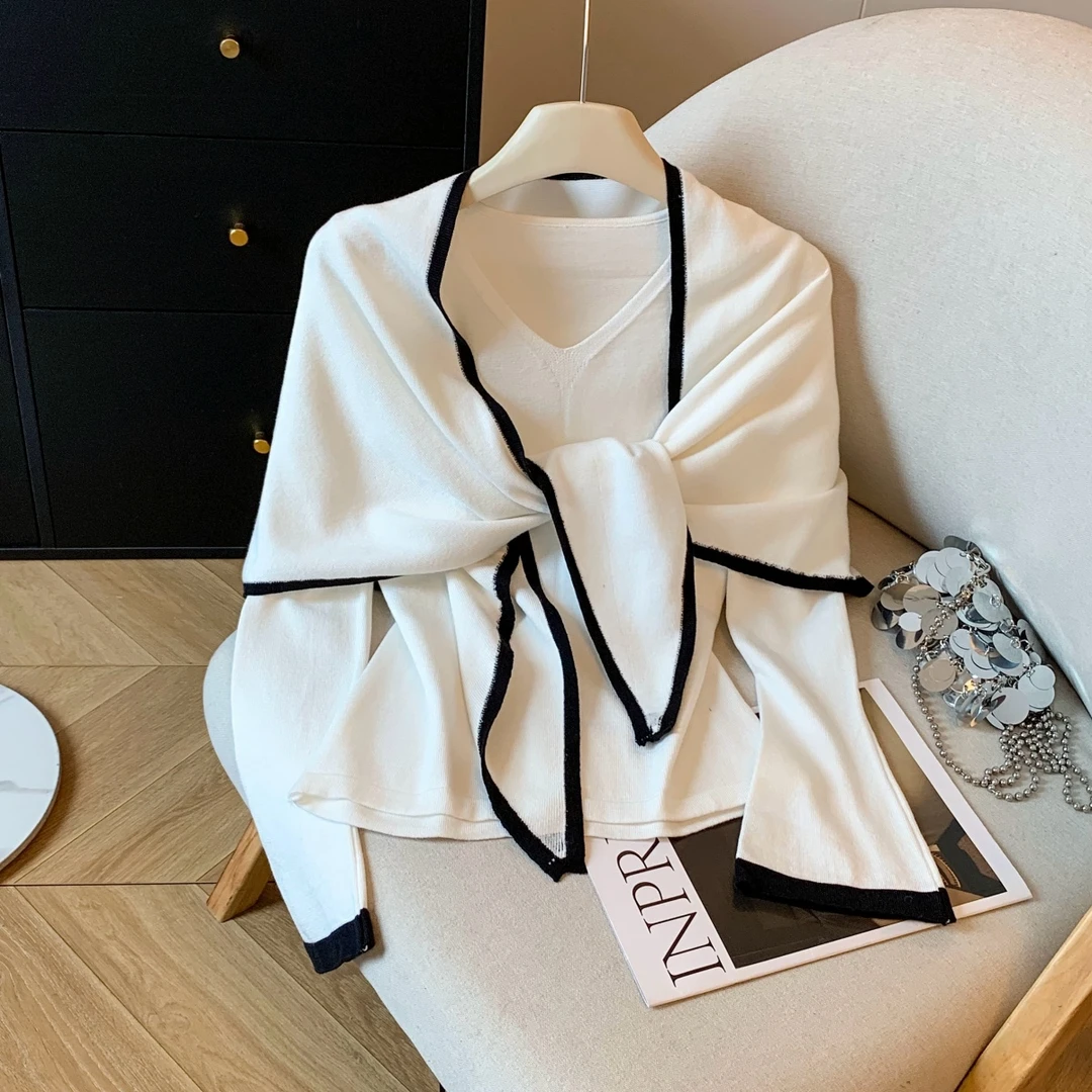 轻熟简约风白色披肩针织衫两件套女秋冬2025新款百搭系带围巾上衣