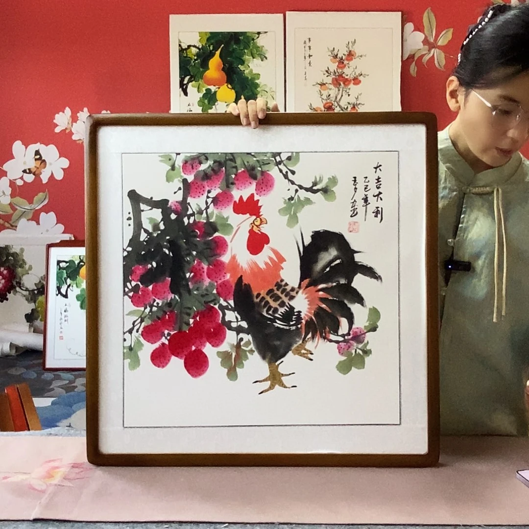 国画手写手绘国画作品带框包邮62✖️62