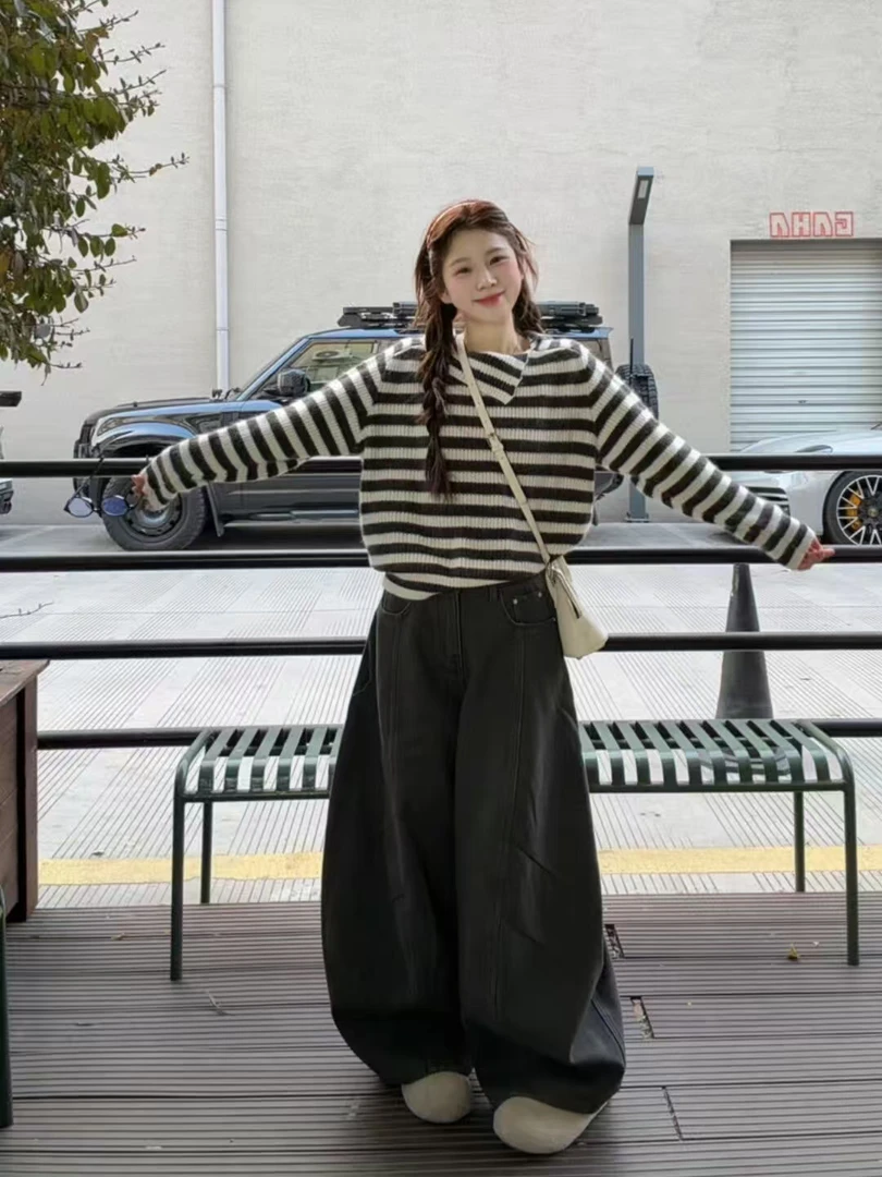 秋冬穿搭一整套韩系慵懒温柔风翻领条纹针织上衣搭配休闲裤两件套