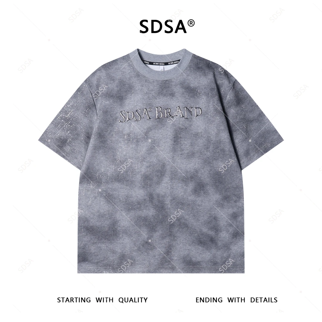 夏季高级感新款男士韩系满天星烫钻立体字母重磅潮流圆领宽松上衣