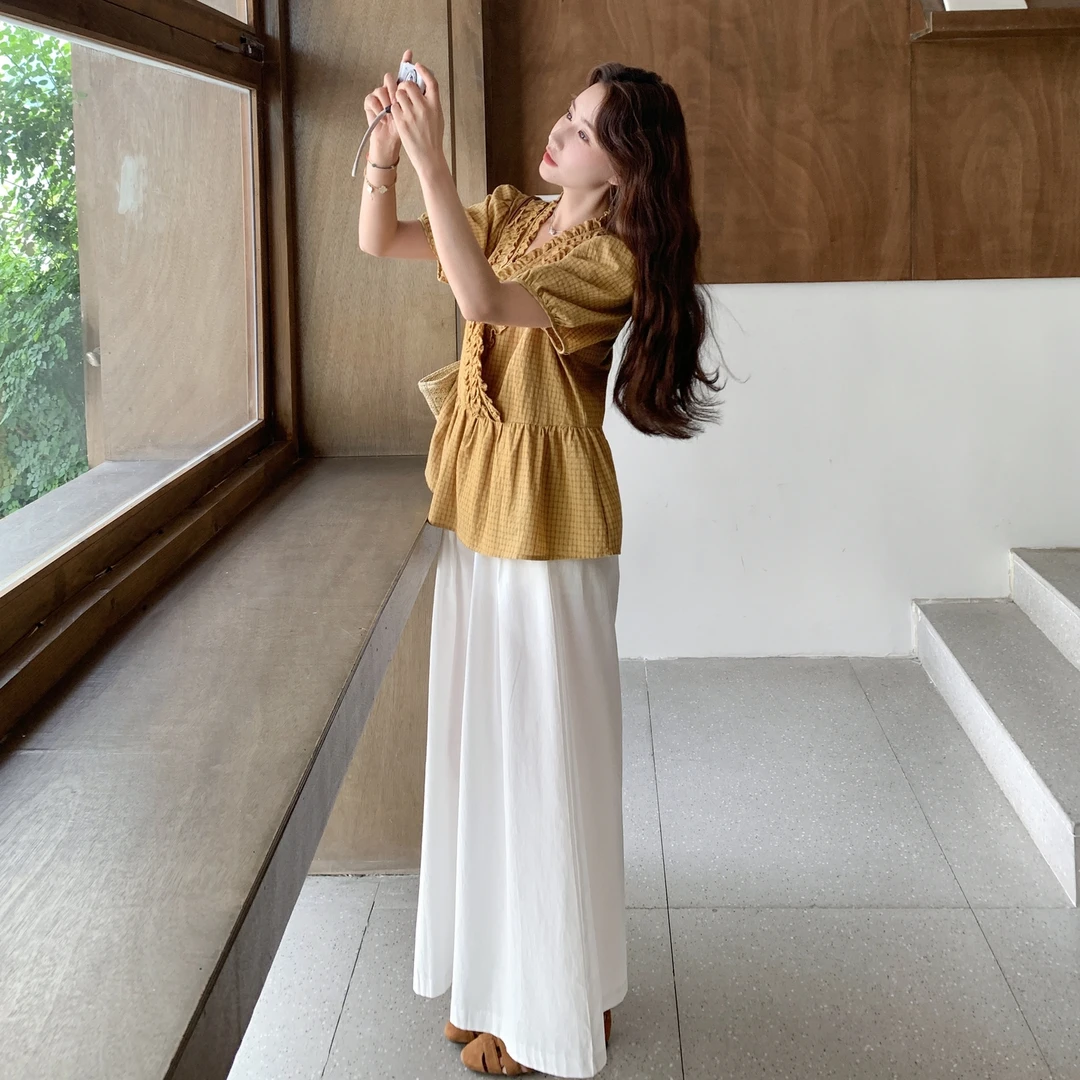 2025年通勤拼接夏季短袖衬衫上衣阔腿裤时尚两件套装泡泡袖巴恩风