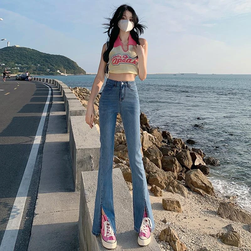 蓝色开叉牛仔裤女秋装2025年新款高腰紧身蓝小个子黑色直筒牛仔裤