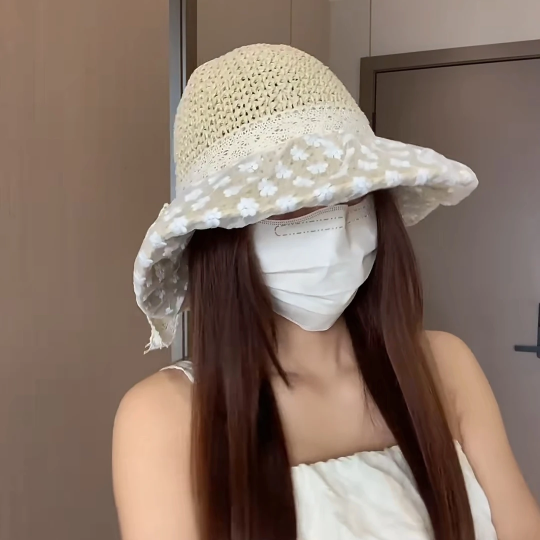夏季渔夫草帽女大帽檐海边出游遮阳防晒帽ins蕾丝花边草编太阳帽