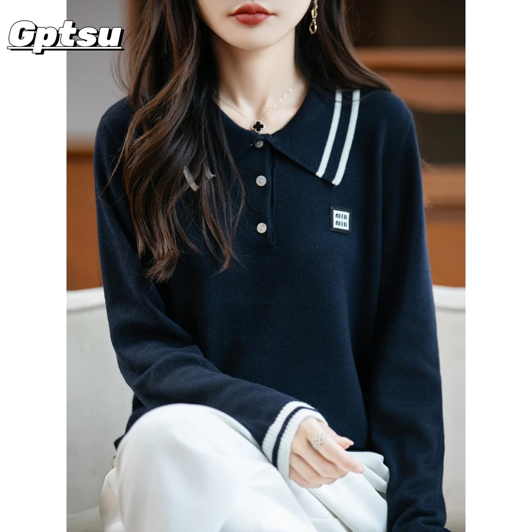 GPTSu高级感撞色娃娃领宽松薄毛衣女早秋新款时尚洋气打底针织衫