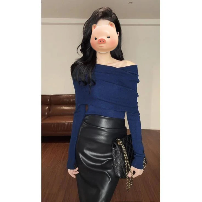 法式一字肩斜肩蓝色长袖针织衫女秋冬慵懒风露肩毛衣早秋chic上衣