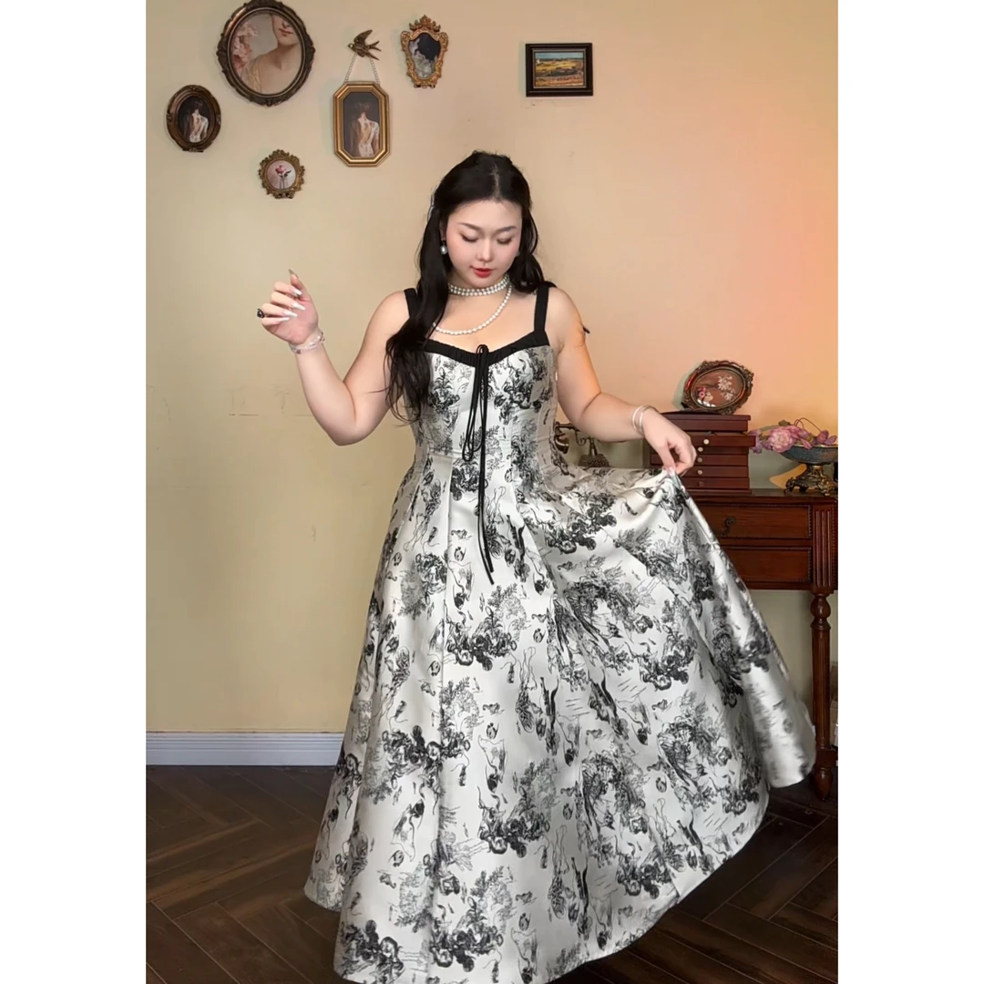 羊羊大码【水墨云间】胖妹妹mm夏季收腰吊带女小个吊带裙Y170