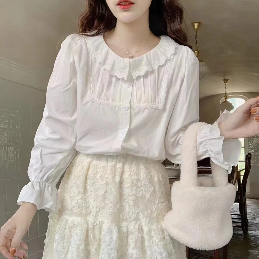 温柔甜美复古娃娃领衬衫女装春季款压褶荷叶边小衫上衣
