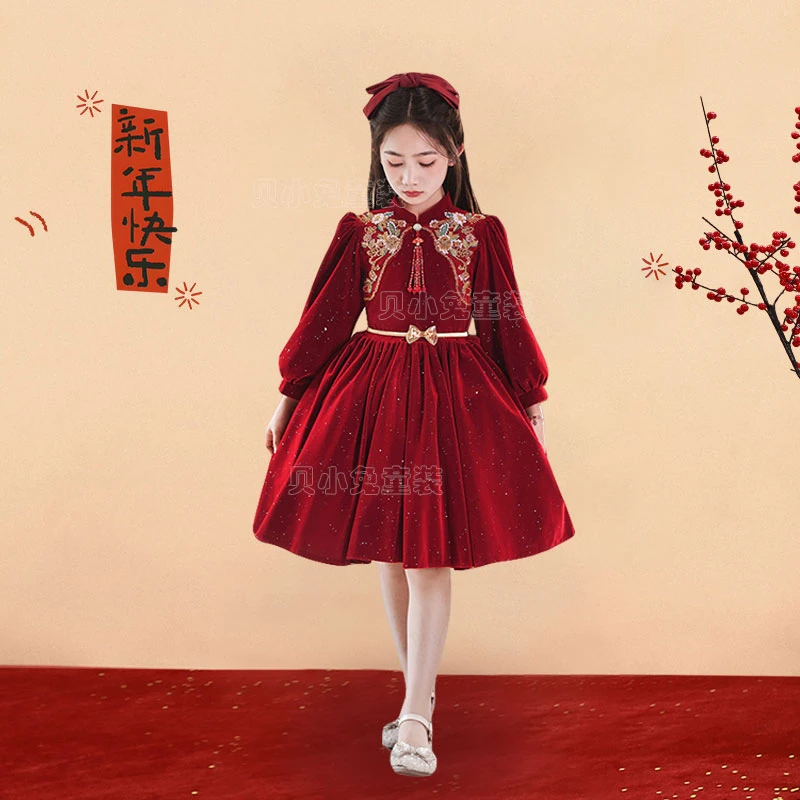 新款女童礼服秋冬加绒连衣裙2025中国风拜年服高端儿童新年冬裙子