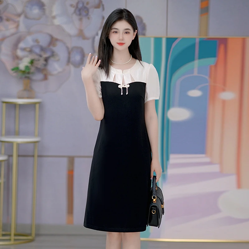D黑色连衣裙新款夏季裙子拼色显瘦凉快透气中长款裙