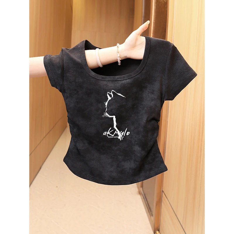 美式复古扎染方领正肩短袖t恤女夏季新款不规则收腰褶皱短款上衣