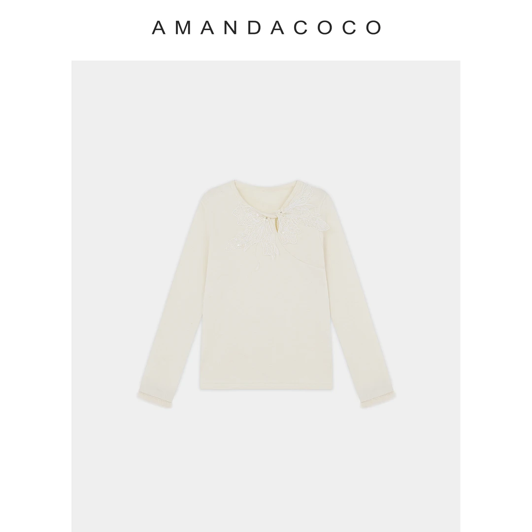 舒适主义～25秋冬设计感钉珠蕾丝拼接毛毛袖打底衫