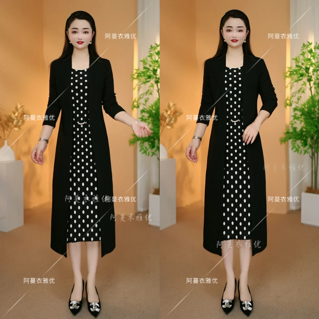 【衣雅严选】8083-813新品长袖针织拼接波点假两件气质开衫连衣裙