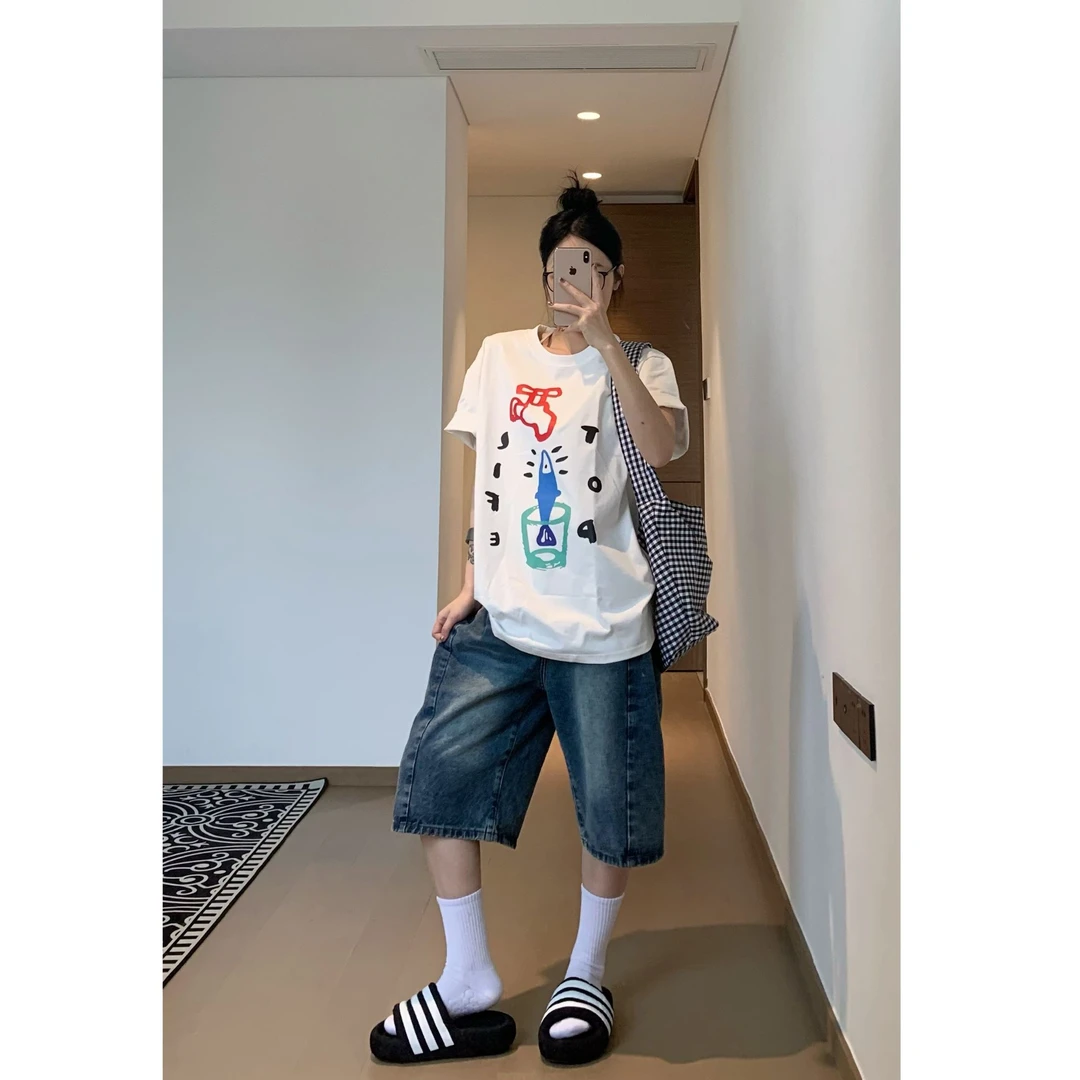 夏季新款女装纯棉重磅短袖T恤女可爱休闲百搭宽松白色圆领上衣